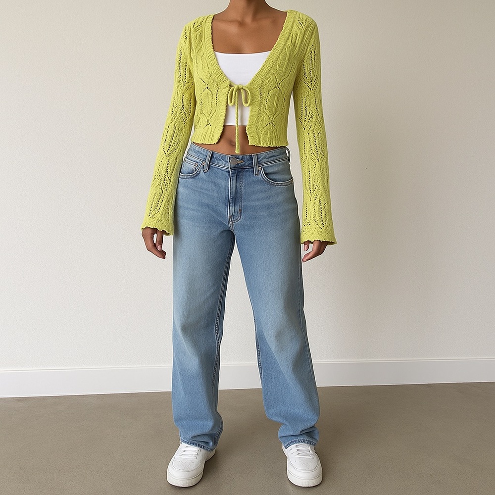 SINCERELY JULES Green Open Knit Tie-Front Cardigan Size XS Flare Sleeves Fairy‎